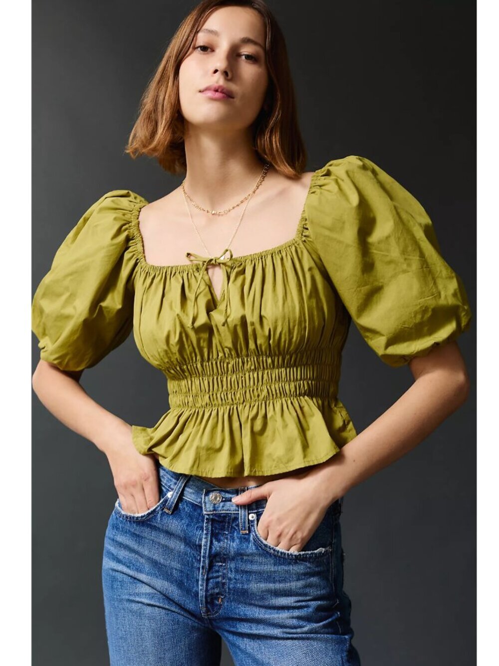 Faithfull The Brand Olive Puff Sleeve Top Womens XS Green Crop Smocked Romantic